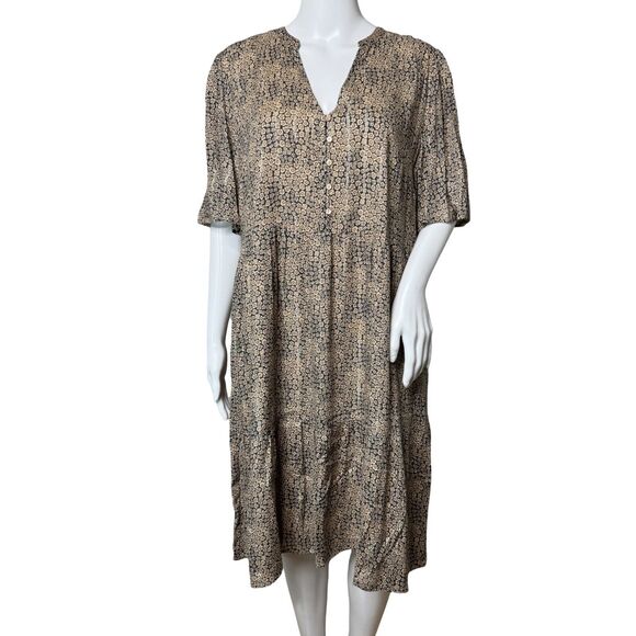 Maison 123 Dress Womens 12 Black Tan Ditzy Floral Shift Neutral Boho Peasant‎ - Picture 1 of 10